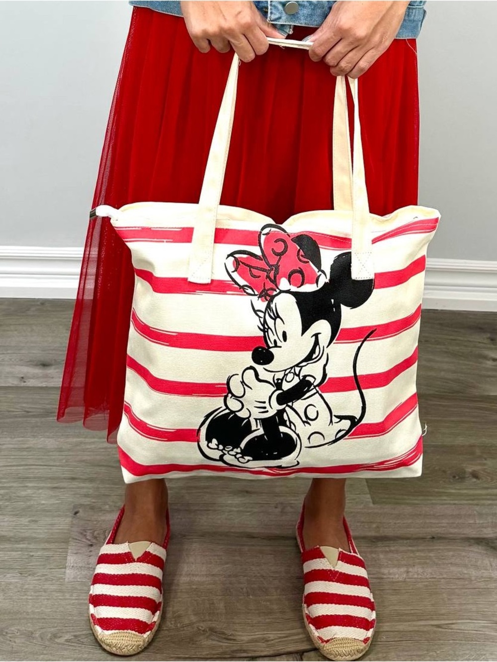 Striped Cream and Red Canvas Tote Bag with Minnie Graphic